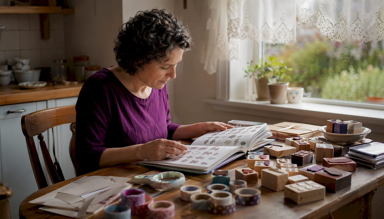 Woman reviewing stamp shape catalogues at desk