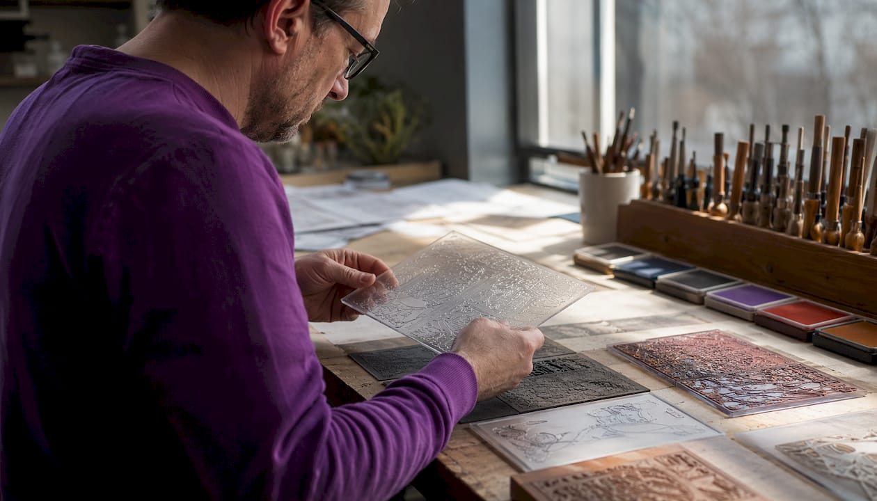 Technician inspecting stamp materials on bench