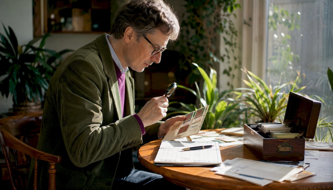 Man inspecting stamps with checklist at table