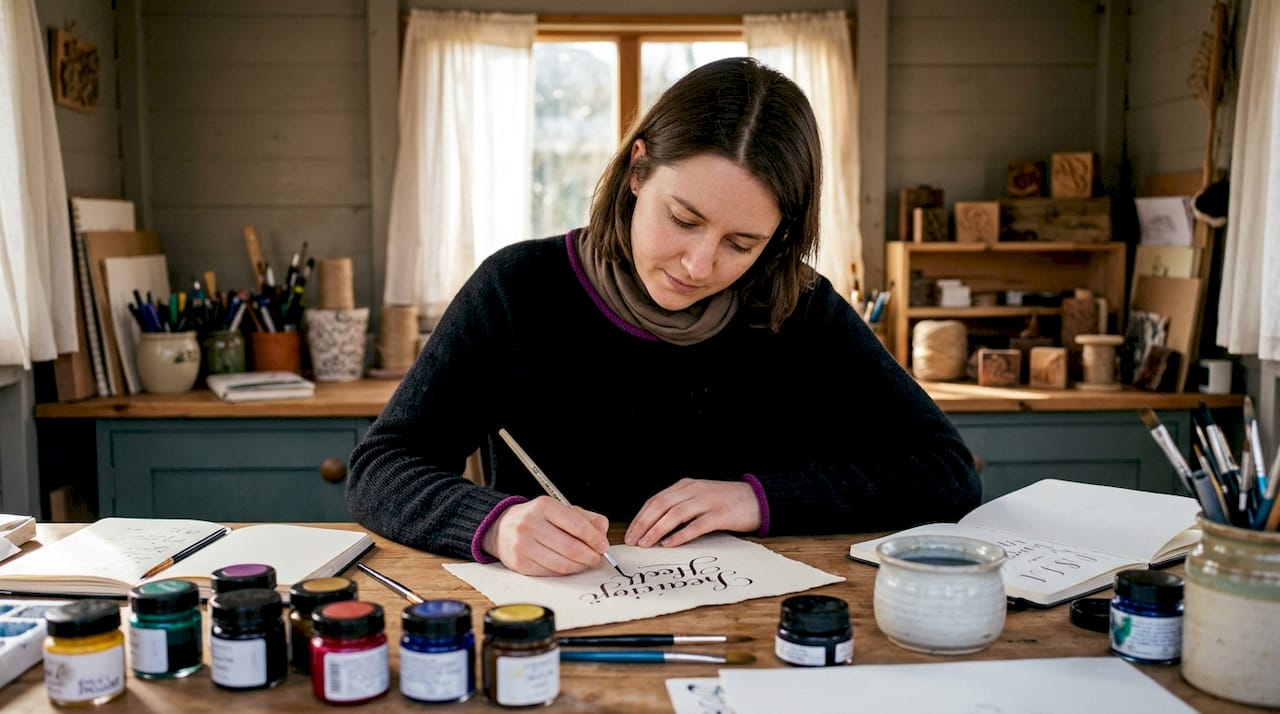 Artist creating hand lettering for stamps