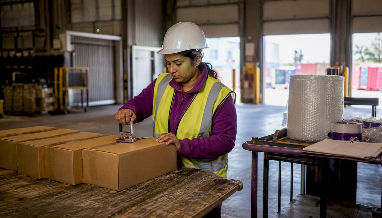 Warehouse worker stamping boxes with heavy duty stamp