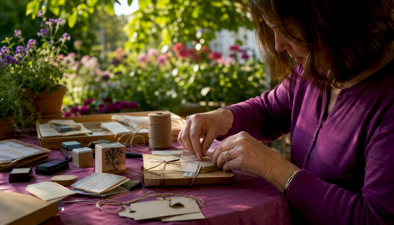 Person assembling stamp gift bundle