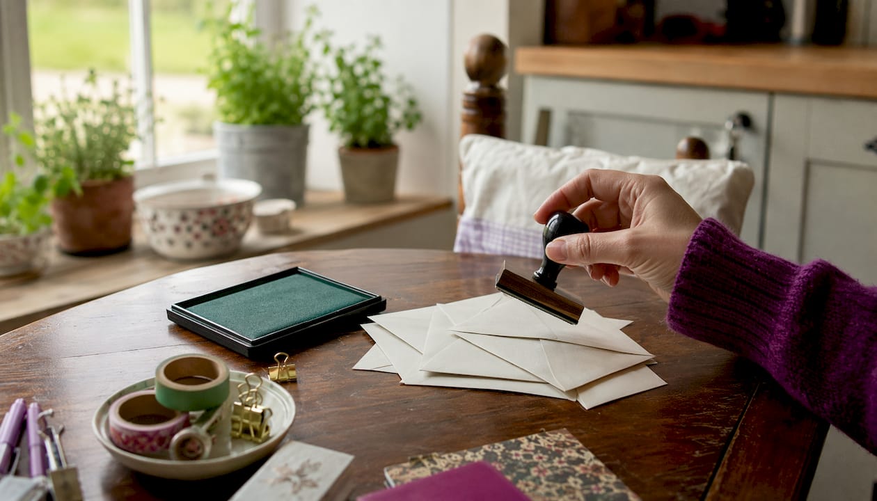 Hand stamping envelopes with rectangular stamp