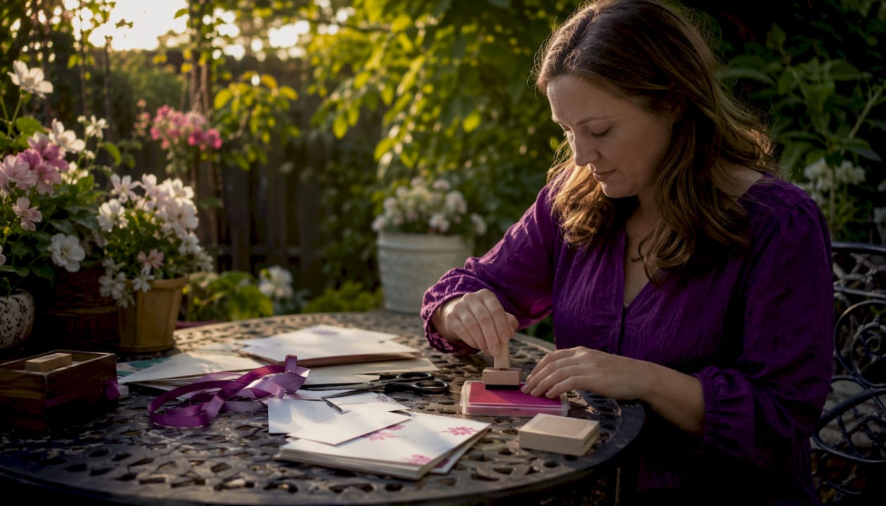 Woman stamping personalized stationery at home studio