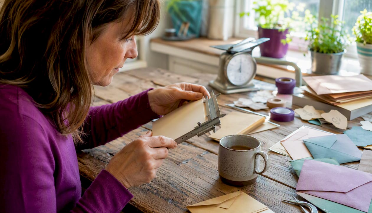 Woman measuring letter thickness for UK postage
