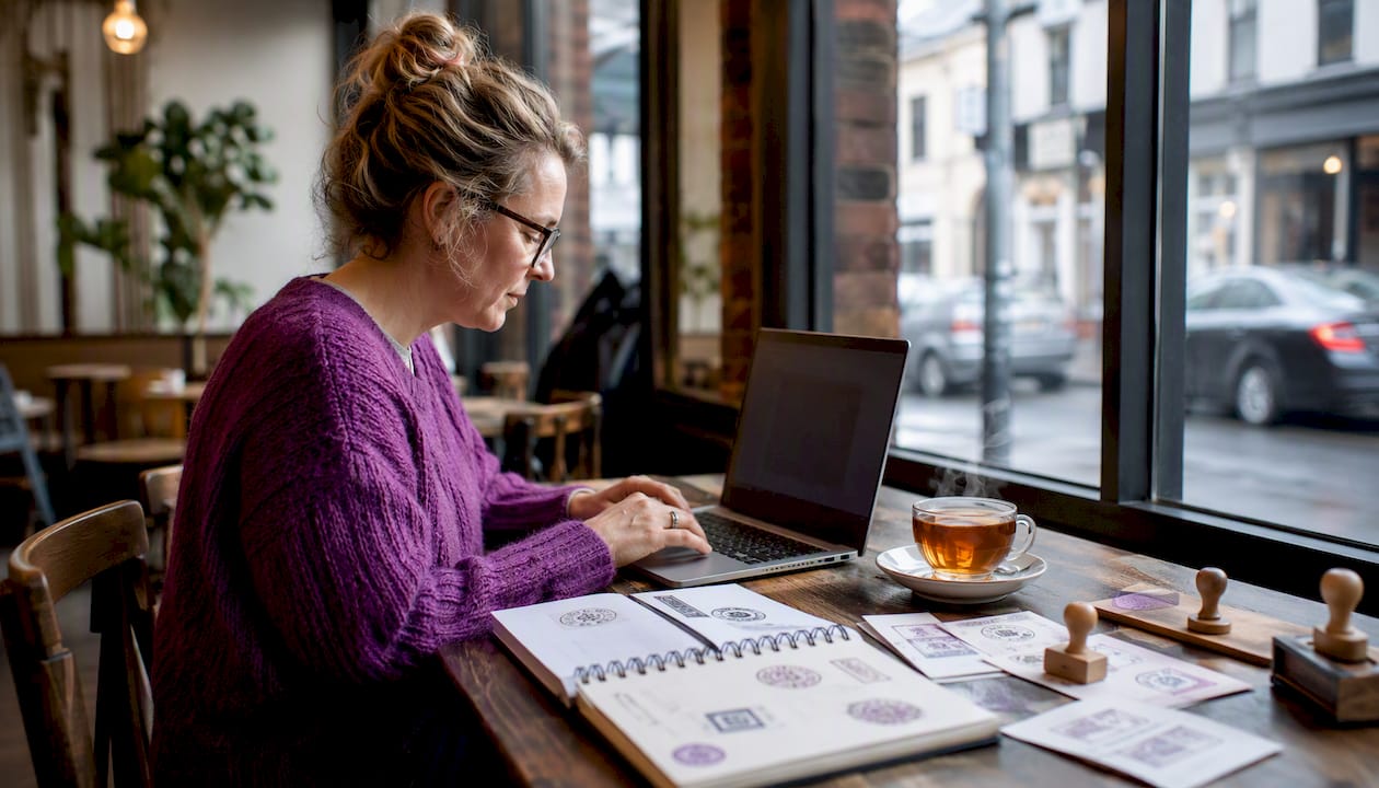 Small business owner designing stamp at home
