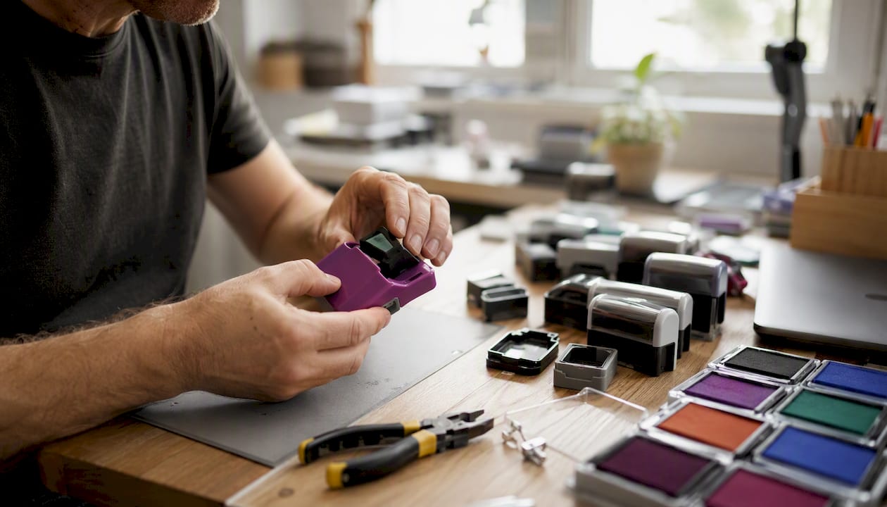 Hands assembling self-inking rubber stamp
