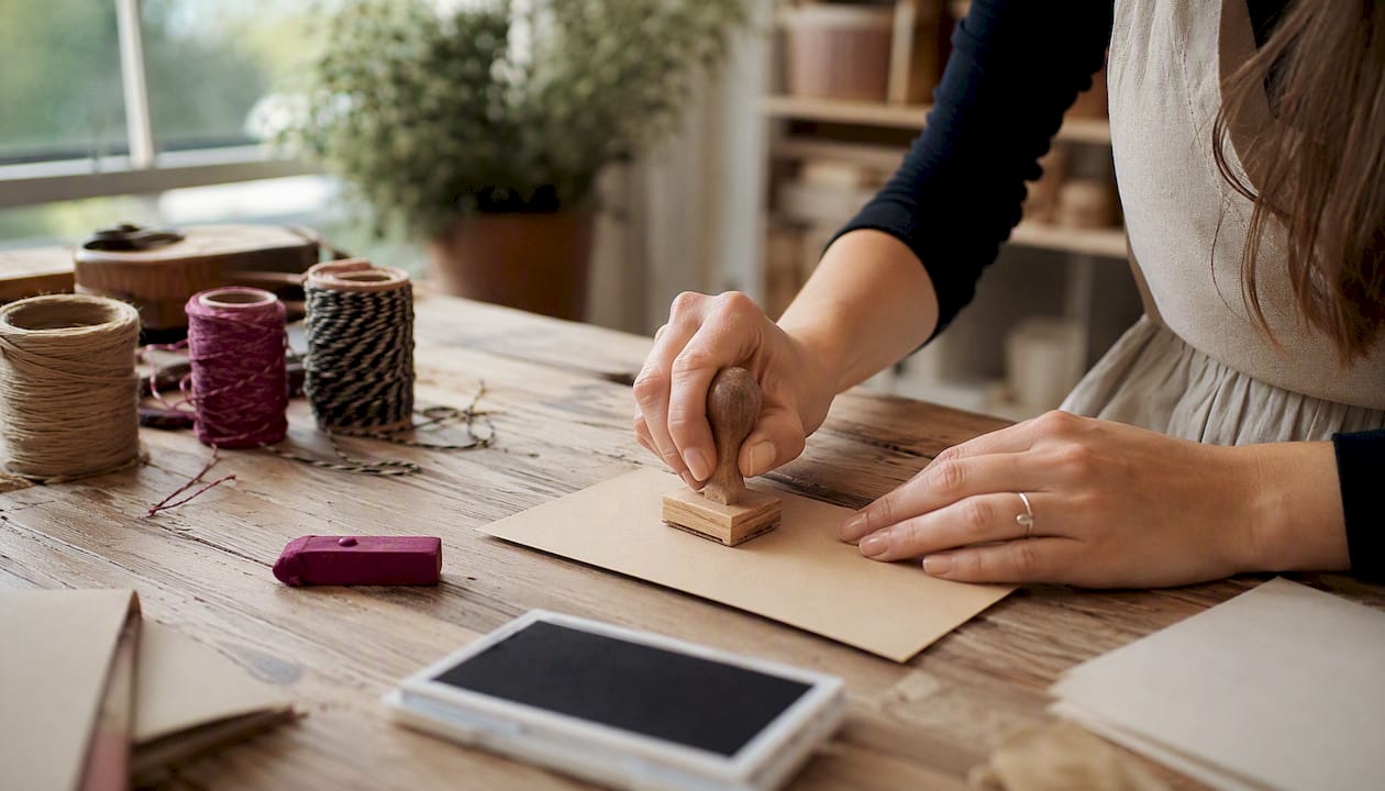 Hands stamping a kraft paper parcel