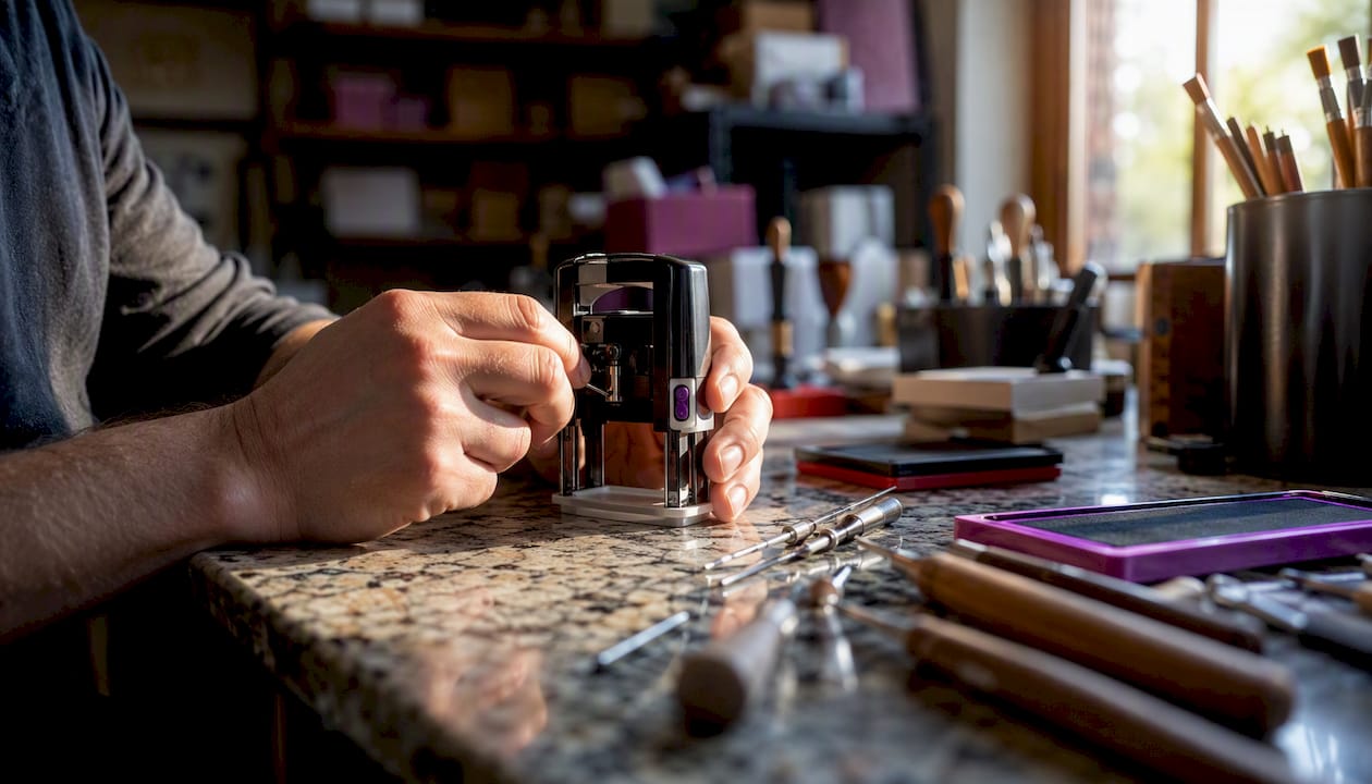 Hands adjusting a self-inking stamp mechanism
