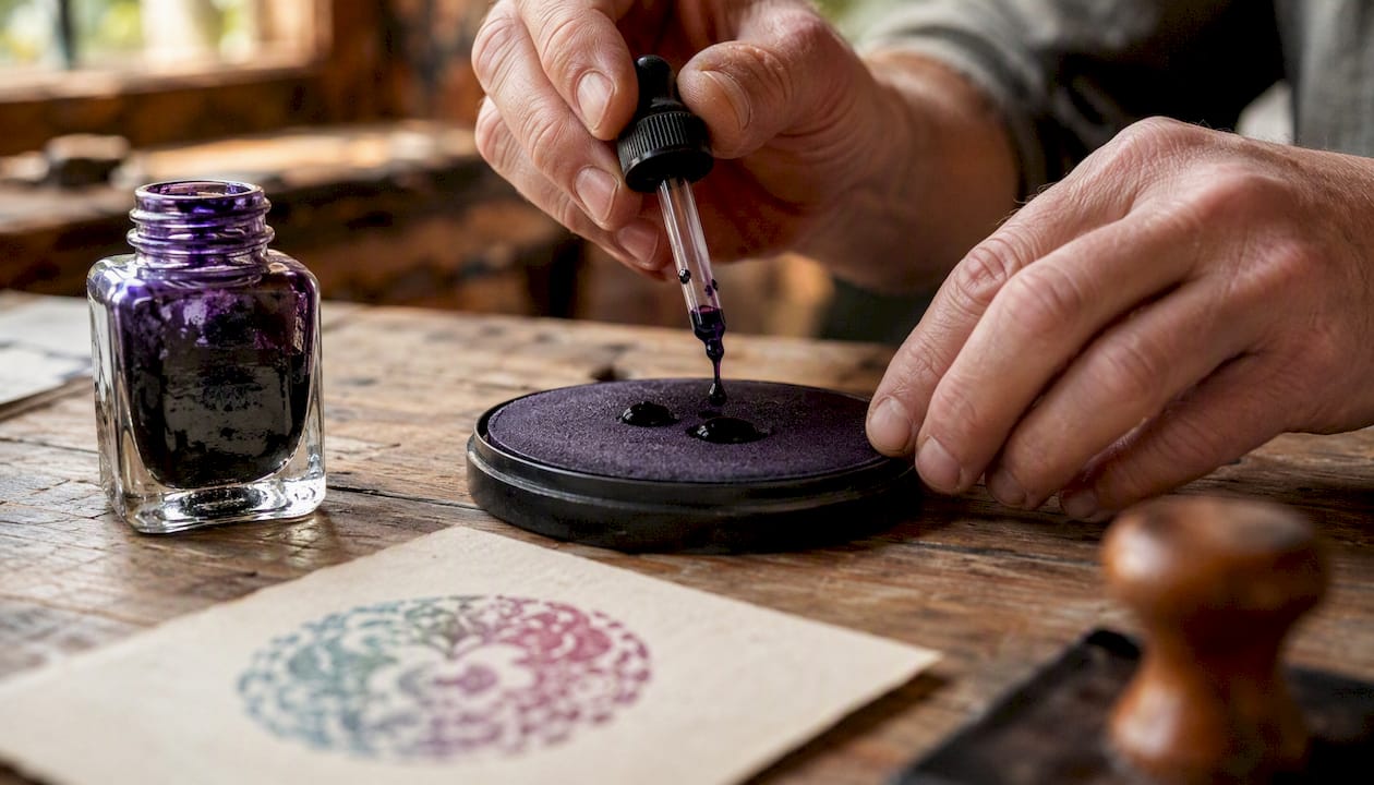 Hands re-inking a stamp pad close-up