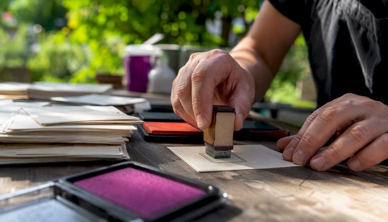 Hands stamping postcard with custom rubber stamp