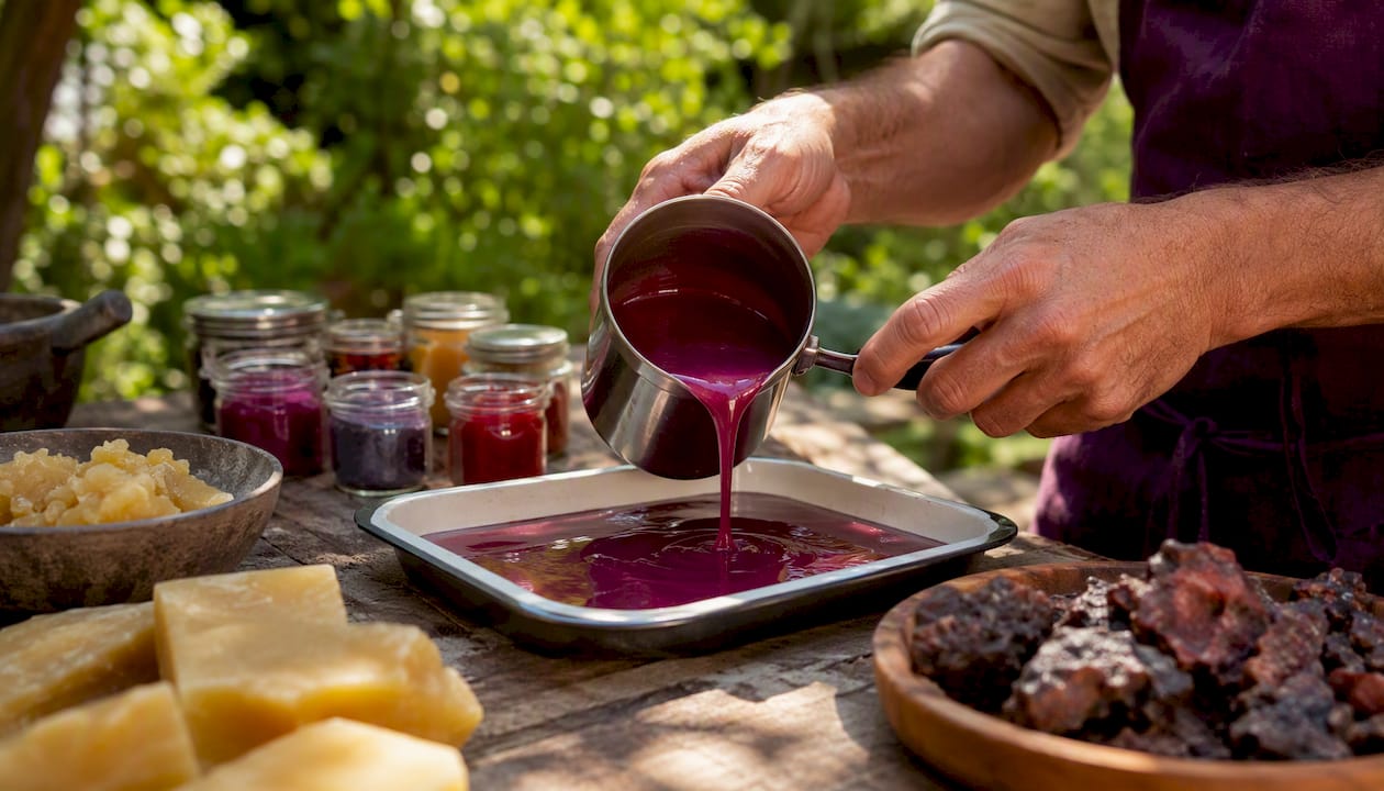 Hands stirring molten sealing wax mixture