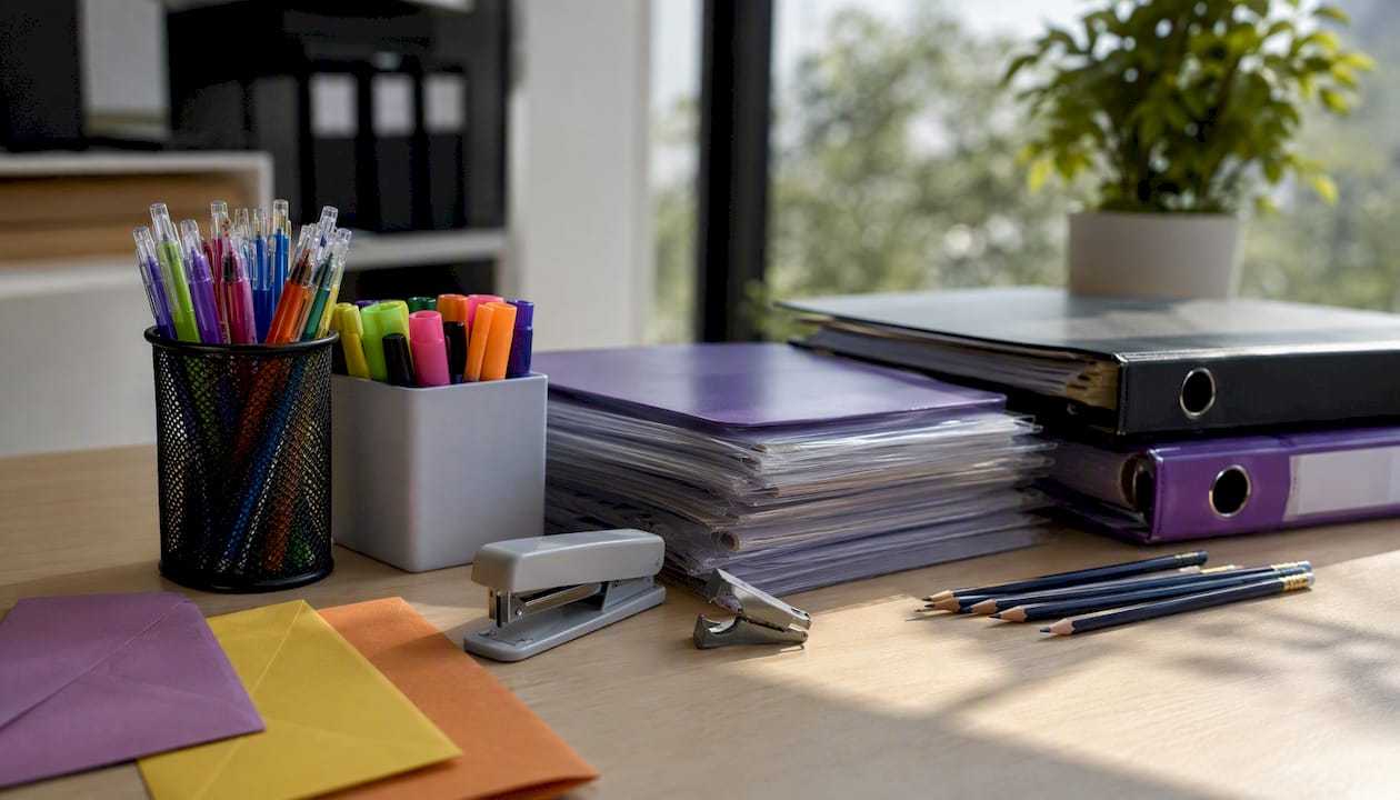 Office desk with assorted stationery essentials
