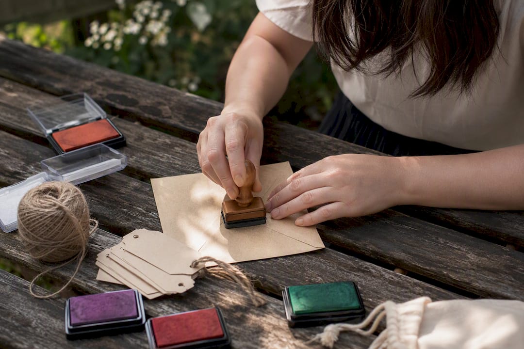 Hands stamping a box with custom rubber stamp
