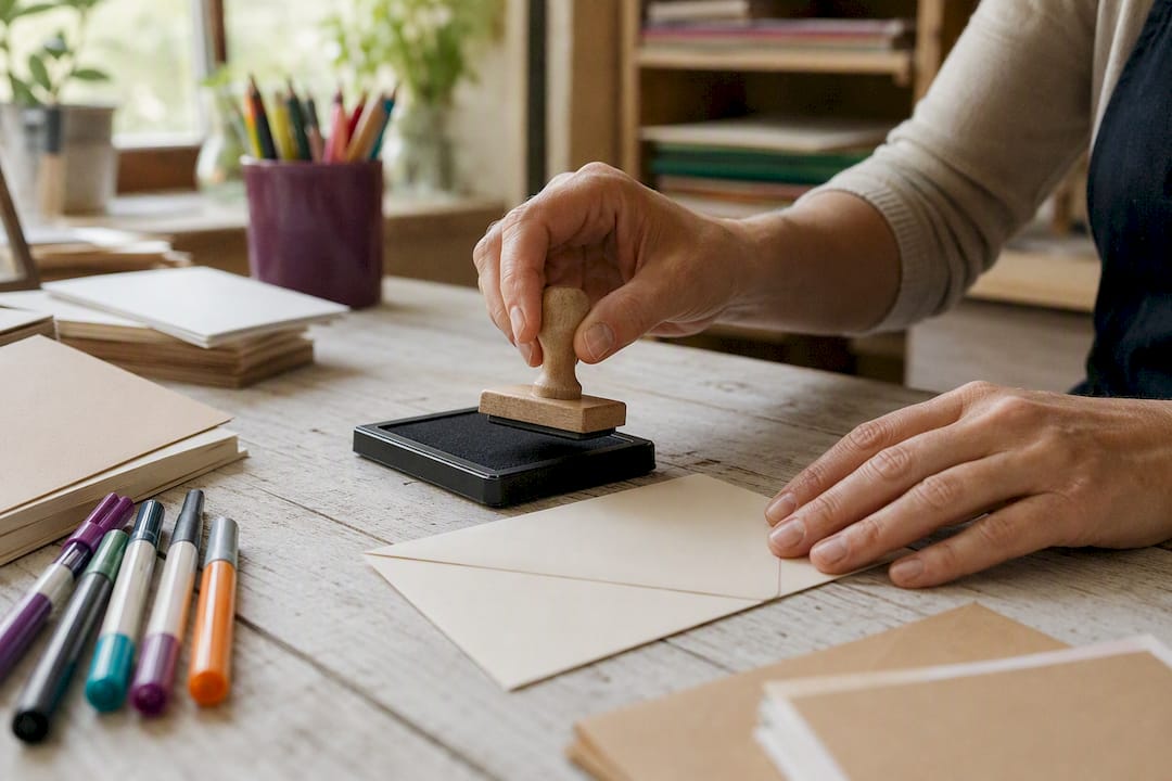 Hands stamping a custom rubber stamp on envelope