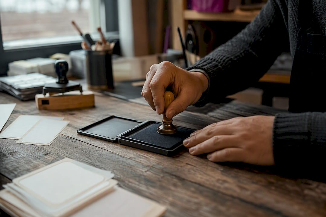 Close-up of hand pressing rubber stamp on ink pad