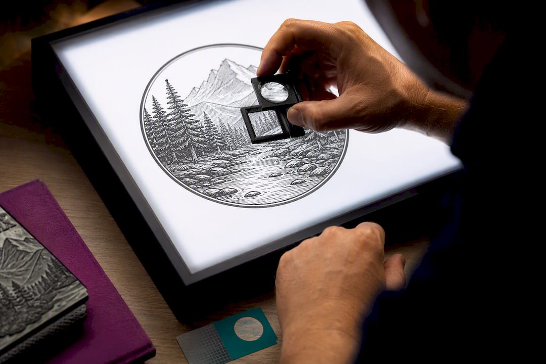 Loupe inspecting fine stamp artwork details