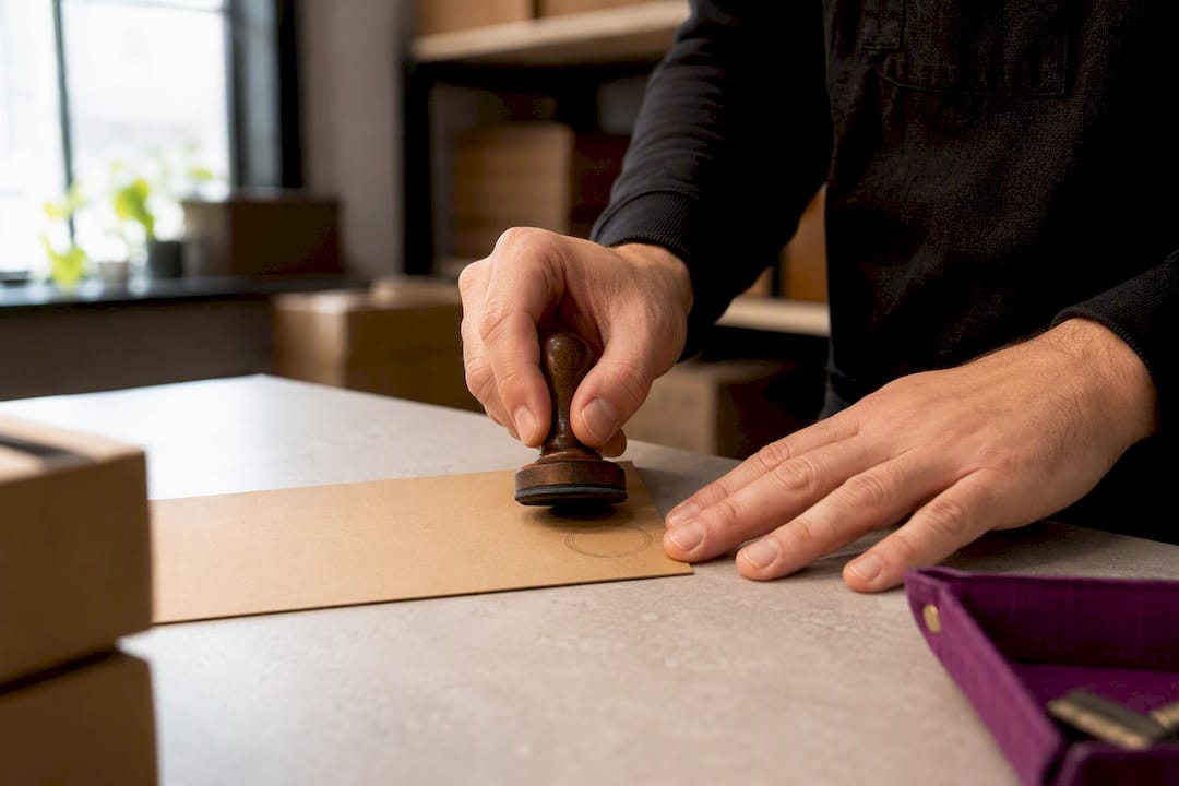 Hands creating a stamped packaging brand detail