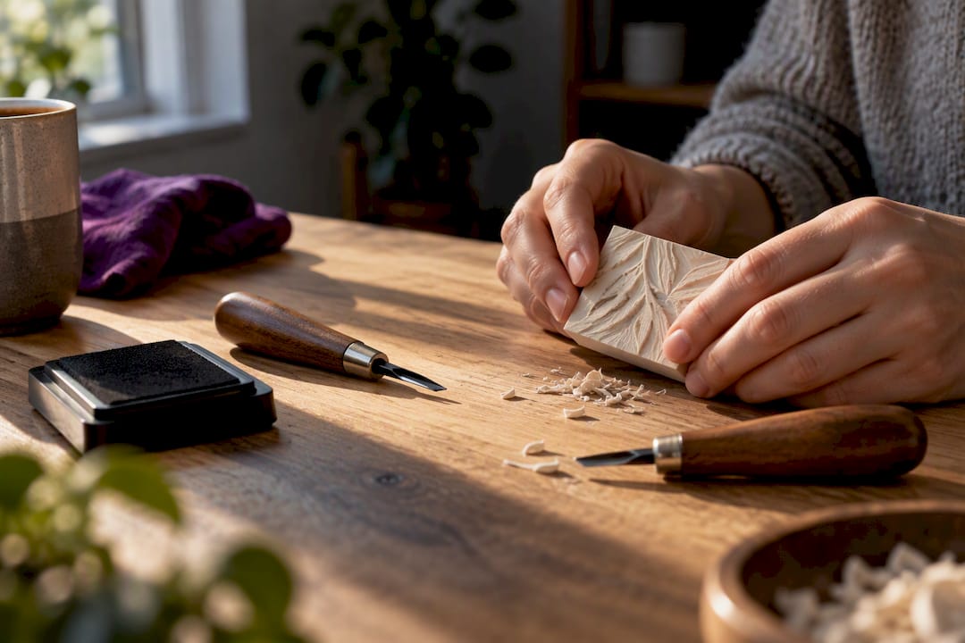 Crafter carving a custom stamp block