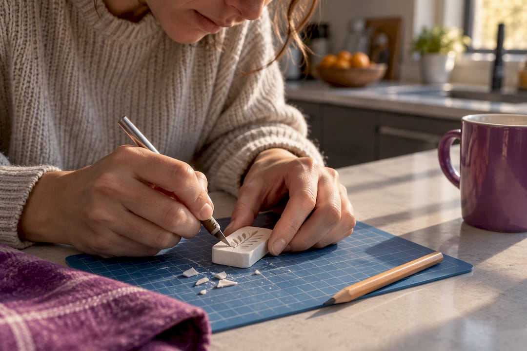 Hands carving a rubber eraser stamp