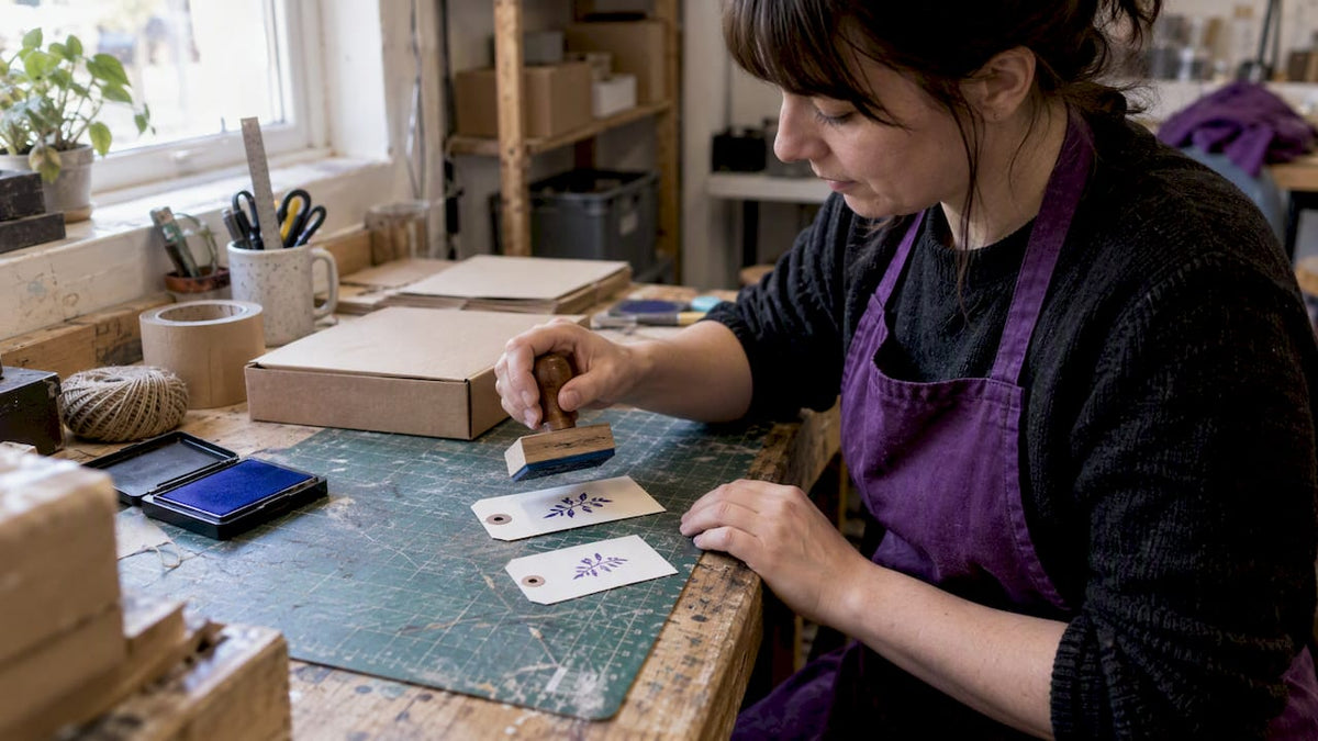Maker comparing stamped and printed labels