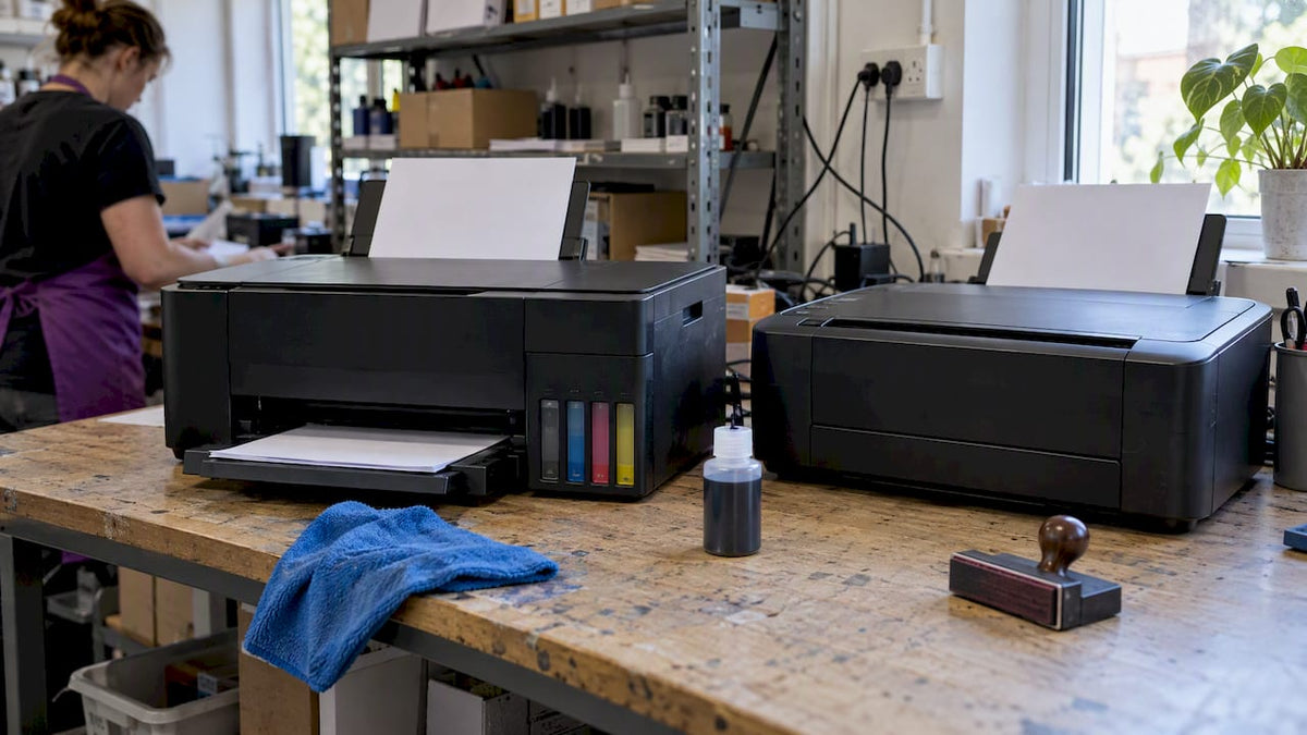 Two office printers showing different ink systems