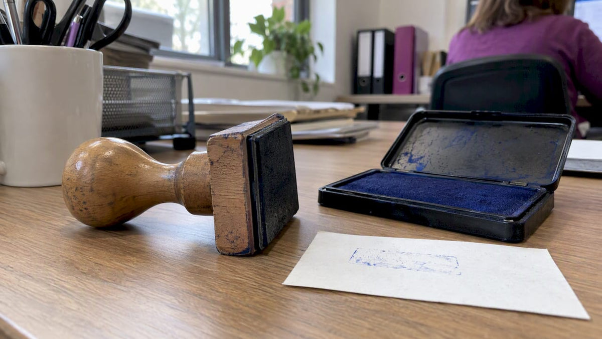Business rubber stamp showing handle and rubber face