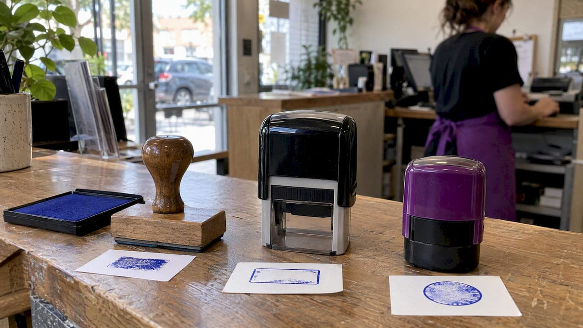 Three stamp formats arranged on a shop counter