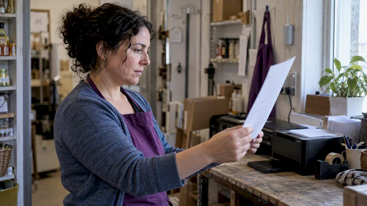Shop owner checks a printed name at distance
