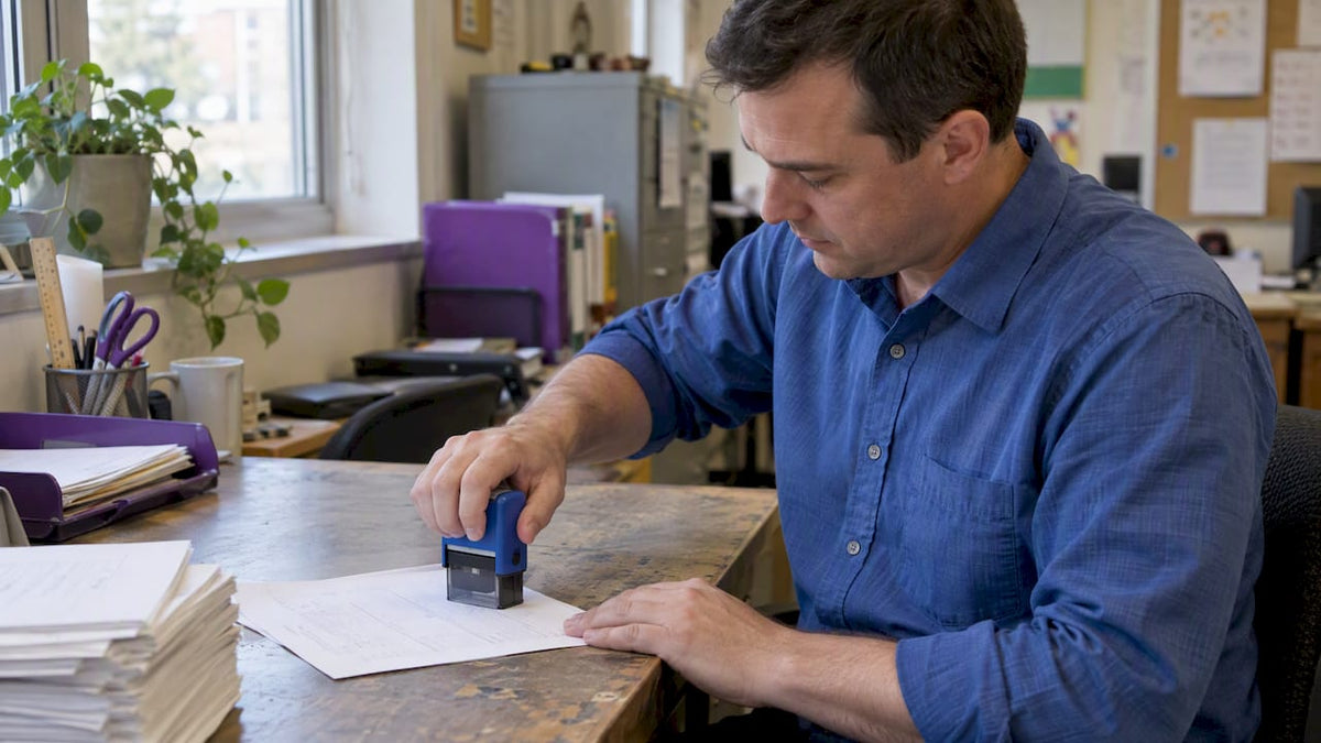 Administrator pressing a self-inking stamp