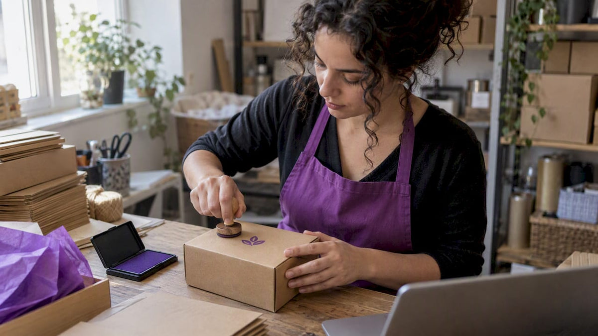 Founder stamping a kraft parcel with logo