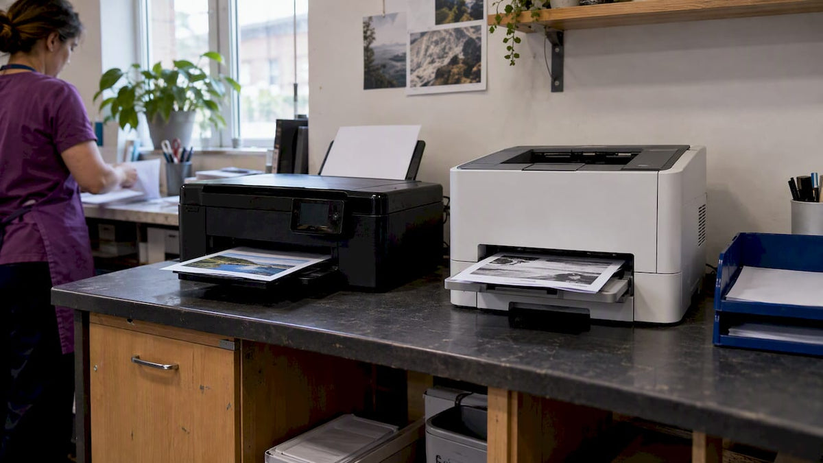 Desktop inkjet and laser printers side by side