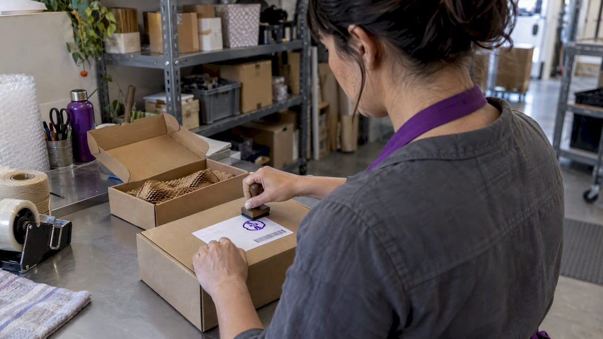 Shop owner stamping a parcel label