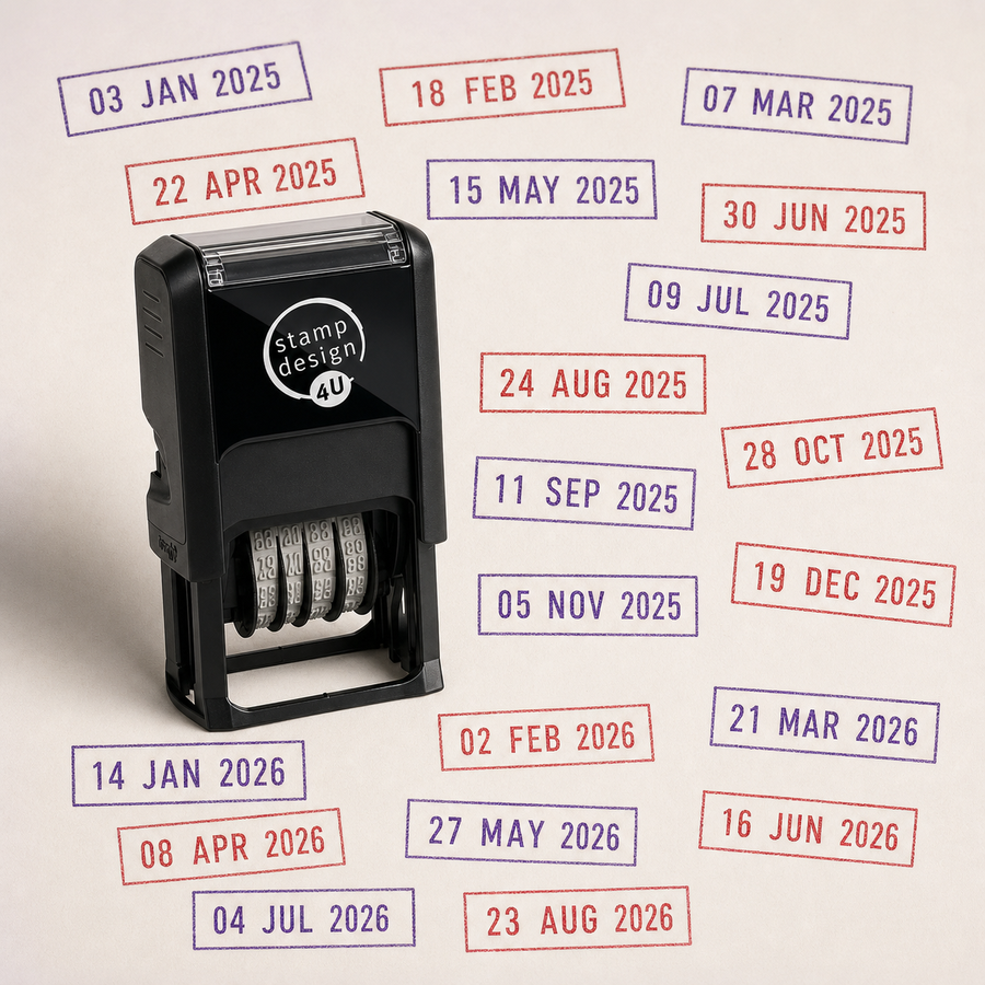 Personalised Date Stamps — one relevant stamp with many purple impressions