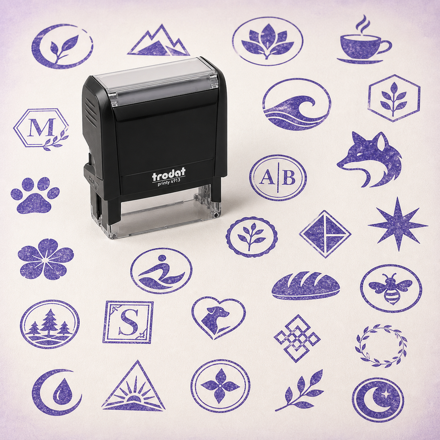 Personalised Logo Stamps Main — one relevant stamp with many purple impressions
