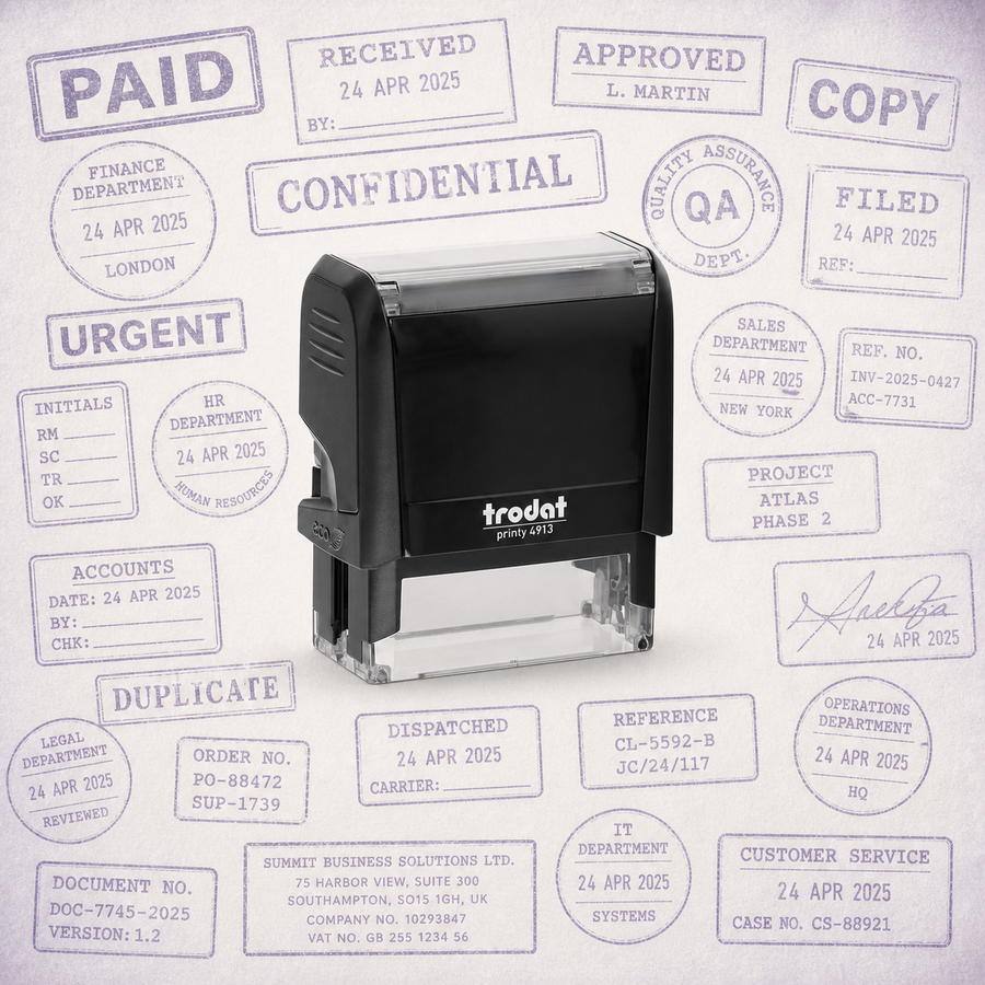 Office Stamps Ready Made — one relevant stamp with many purple impressions