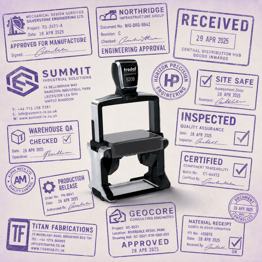 Professional Line Heavy Duty Stamps — one relevant stamp with many purple impressions