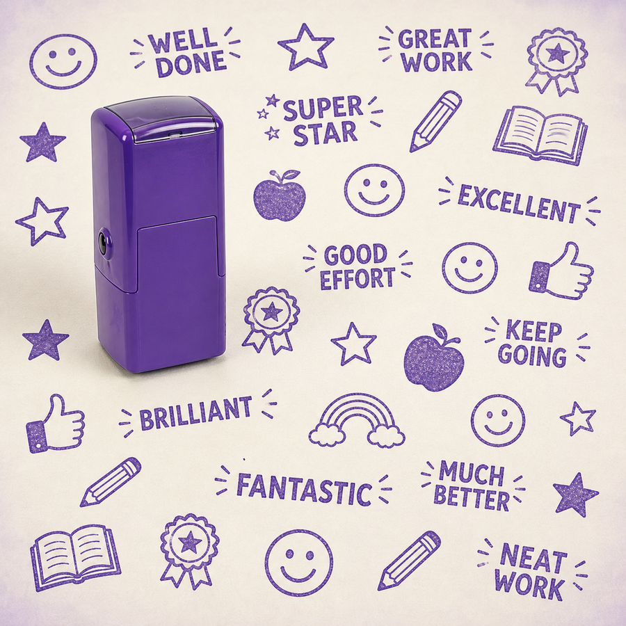 Teacher Marking Stamps Stock — one relevant stamp with many purple impressions