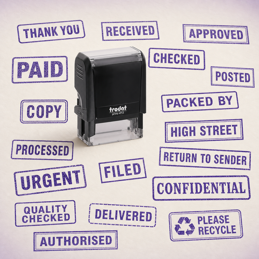 Personalised Text Stamps Main — one relevant stamp with many purple impressions