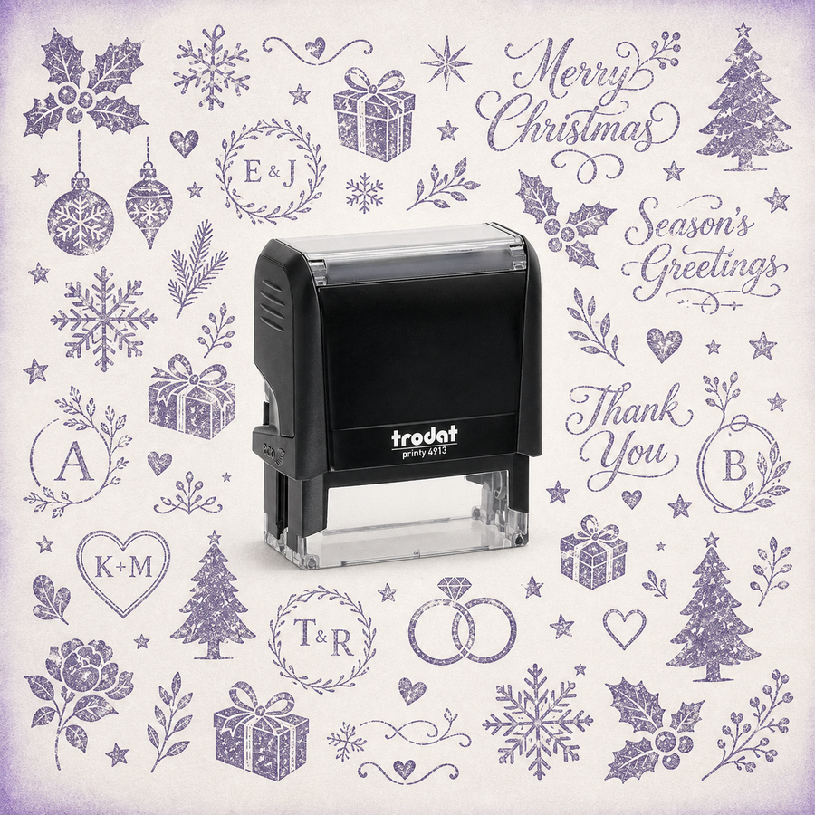 Personalised Wedding Stamps for Invitations & Favours — one relevant stamp with many purple impressions