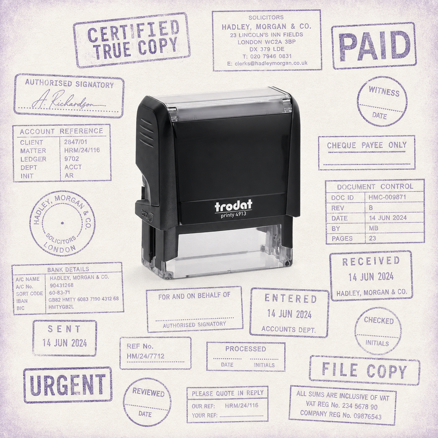 Cheque Stamps — one relevant stamp with many purple impressions