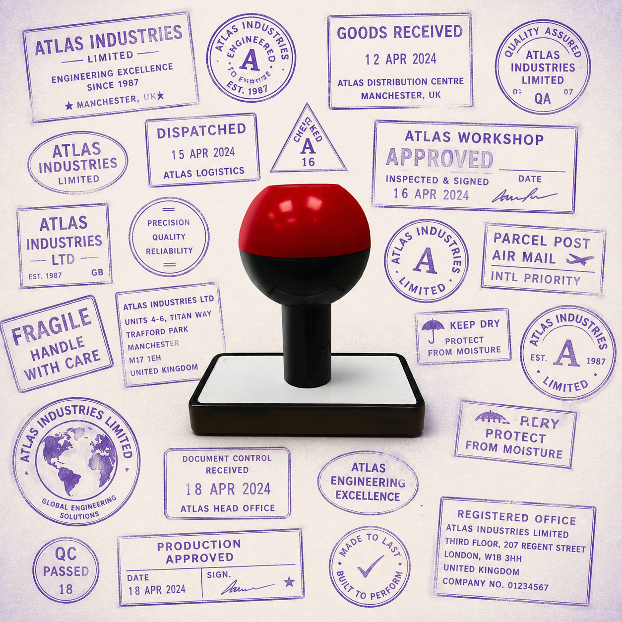 Hand Stamps — one relevant stamp with many purple impressions