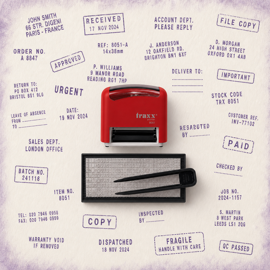 Traxx DIY Kits — one relevant stamp with many purple impressions