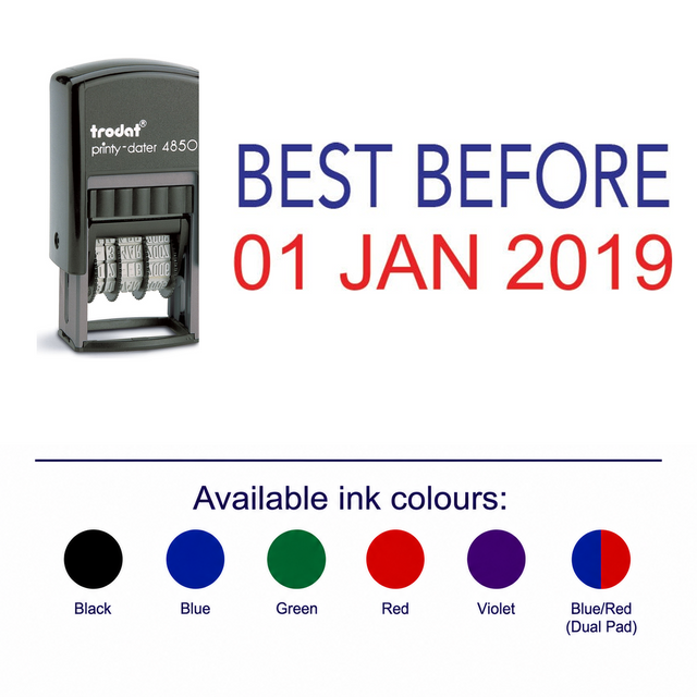 Trodat 4850 Stock Date Stamp - BEST BEFORE in Blue and Red Ink – stamp and matching imprint with available ink colours