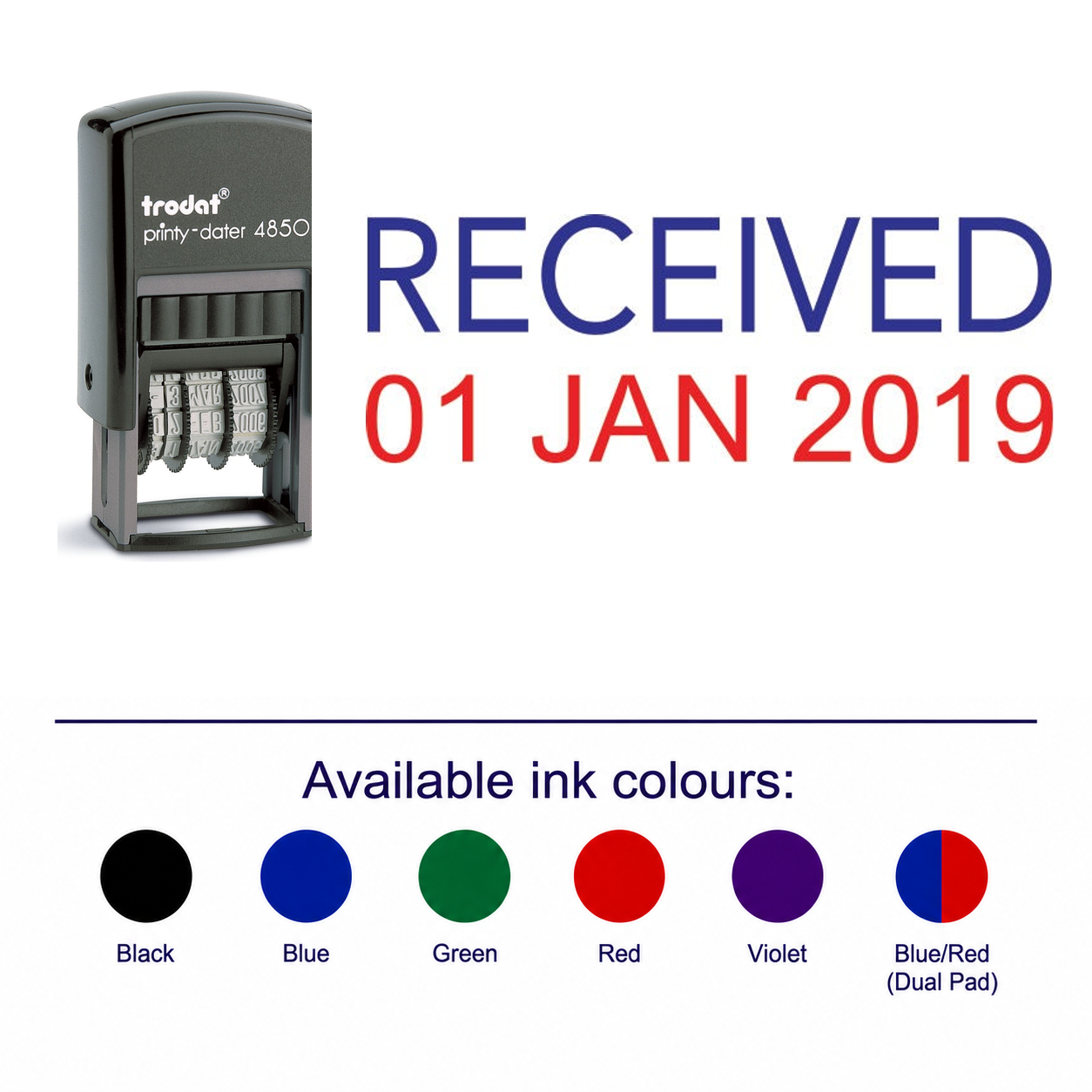 Trodat 4850 Stock Word Self Inking Date Stamp - RECEIVED – stamp and matching imprint with available ink colours