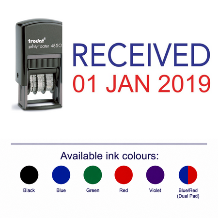 Trodat 4850 Stock Word Self Inking Date Stamp - RECEIVED – stamp and matching imprint with available ink colours