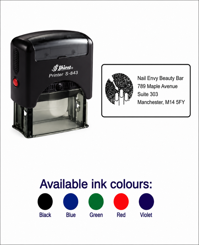 Shiny Printer S843 Stamp  | 4 Line Text & Logo Rubber Stamp | 48 x 18mm