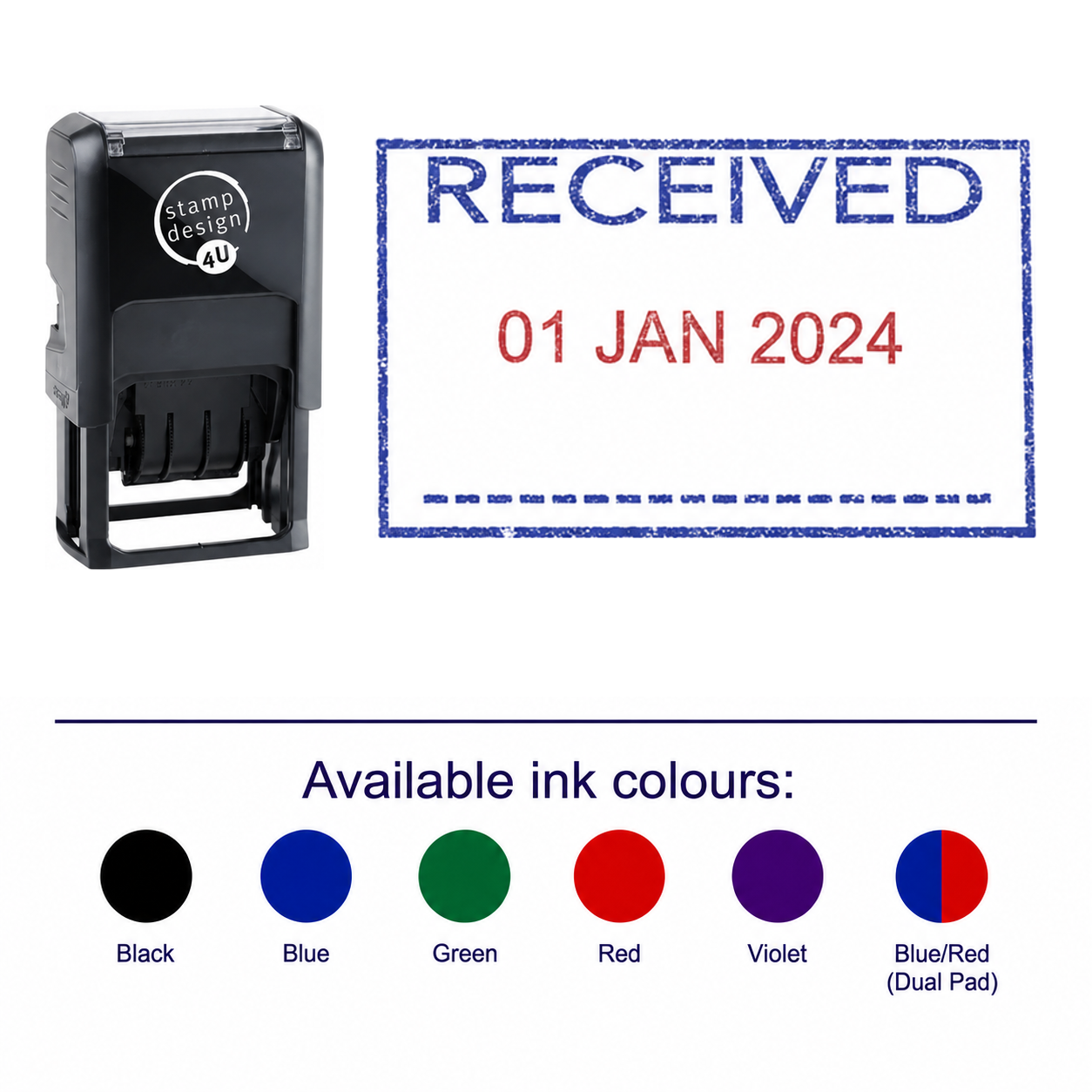 RECEIVED Date Stamp | Trodat Printy 4750 Self-Inking Dater Rubber Stamp | Mailroom, Office & Document Processing Stamp – stamp and matching imprint with available ink colours