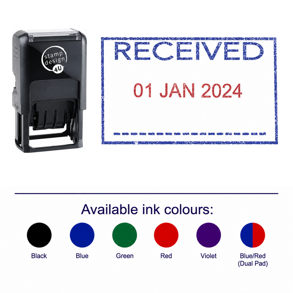 RECEIVED Date Stamp | Trodat Printy 4750 Self-Inking Dater Rubber Stamp | Mailroom, Office & Document Processing Stamp – stamp and matching imprint with available ink colours