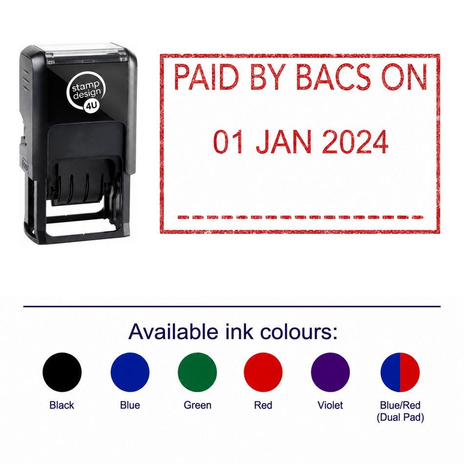 PAID BY BACS Date Stamp | Trodat Printy 4750 Self-Inking Dater Rubber Stamp | Accounts Payable & Finance Office Stamp – stamp and matching imprint with available ink colours